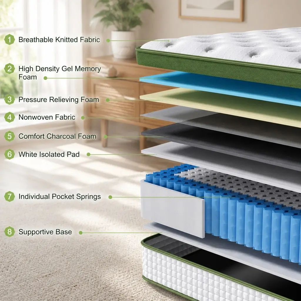 Queen Hybrid Mattress Medium Firm 30cm Gel Memory Foam 5 Zone Pocket Spring White