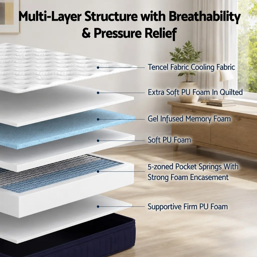 King Single Mattress Medium Soft 34cm Gel Memory Foam Tencel Pocket Spring