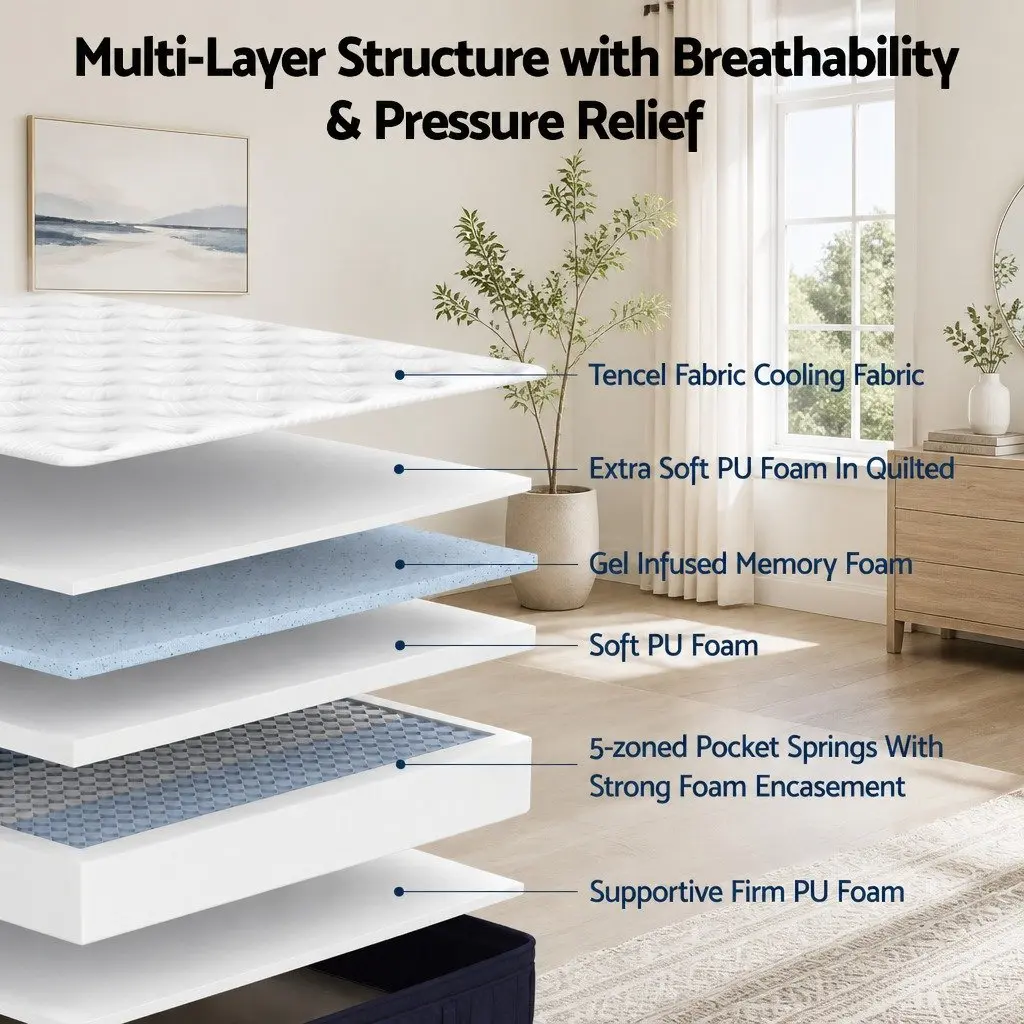 Queen Mattress Medium Firm 34cm Pocket Spring Hybrid Cooling White