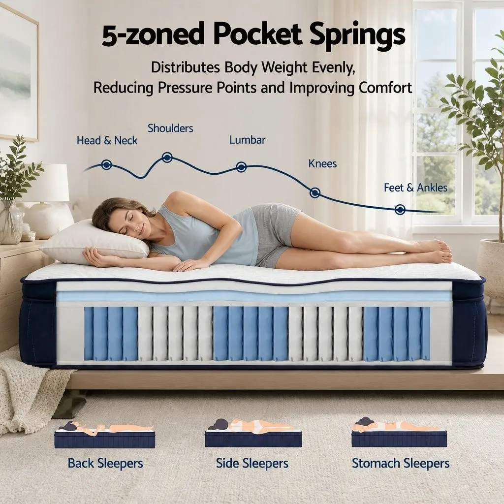 Queen Mattress Medium Firm 34cm Pocket Spring Hybrid Cooling White
