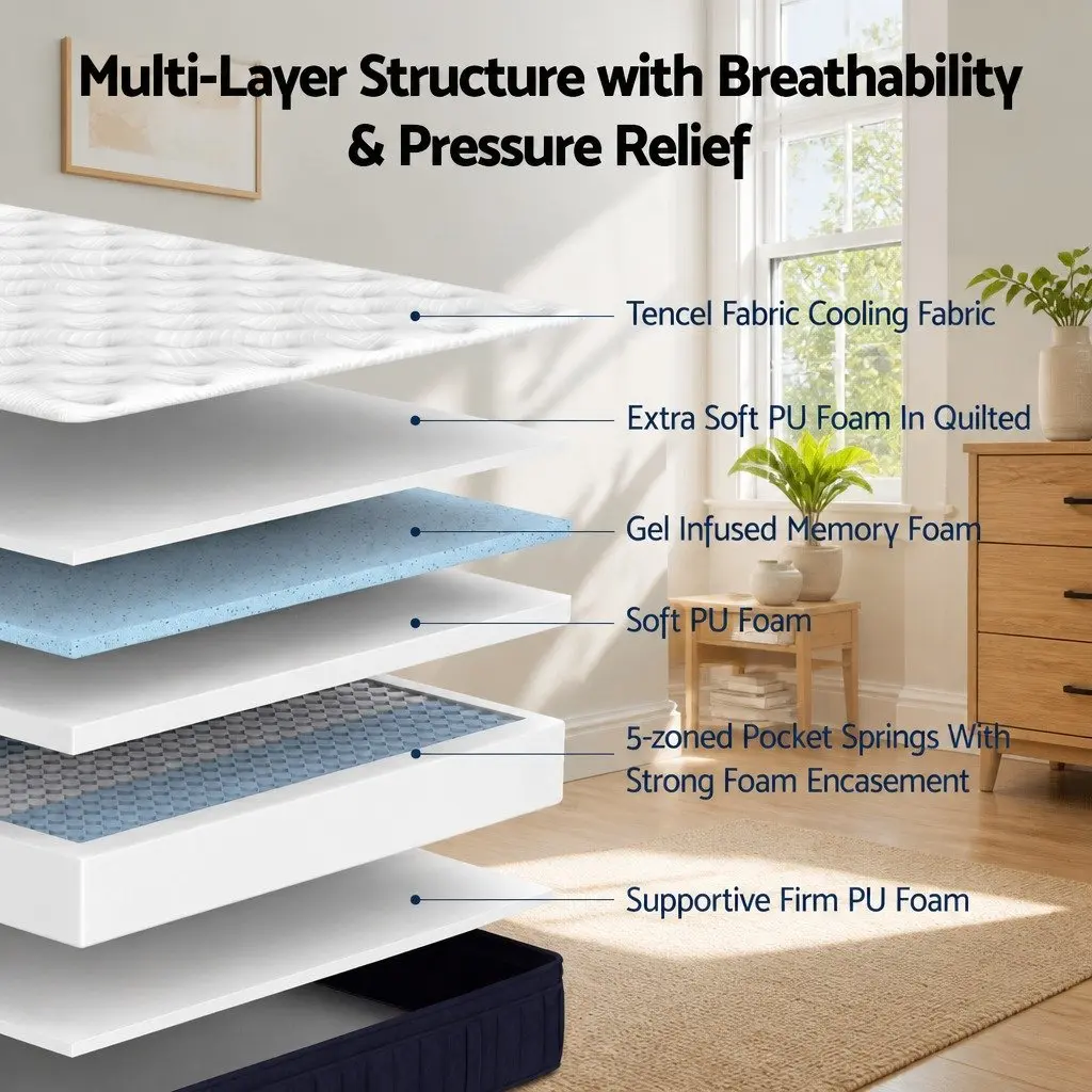 Single Mattress Medium Soft 34cm Cooling Gel Memory Foam Hybrid Pocket Spring