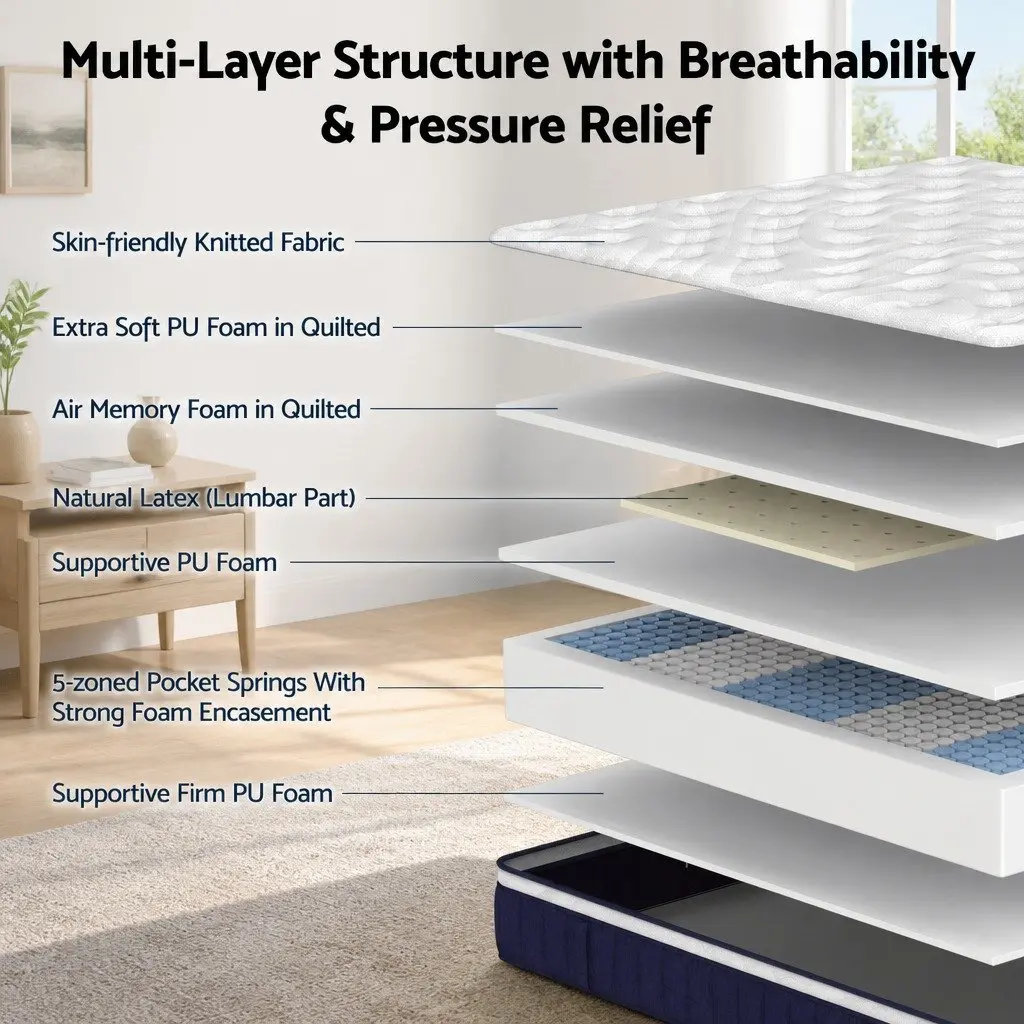 Double Mattress Medium Firm 30cm Hybrid Pocket Spring Latex Lumbar Support White