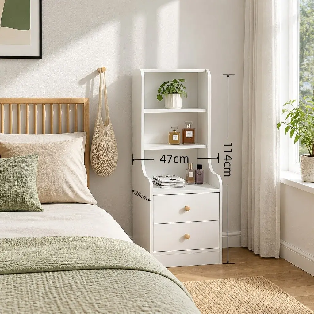 Bedside Table with Open Shelves and Drawers 114 cm Warm White