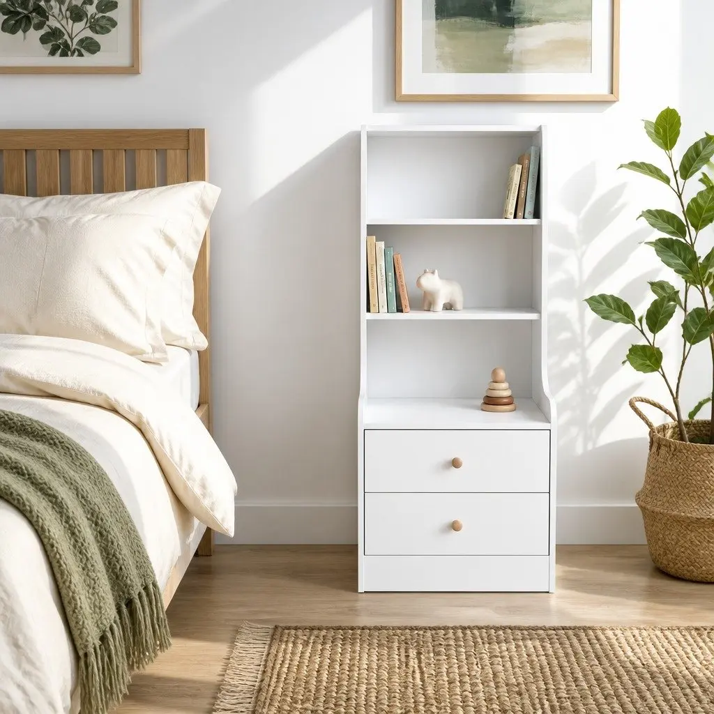 Bedside Table with Open Shelves and Drawers 114 cm Warm White