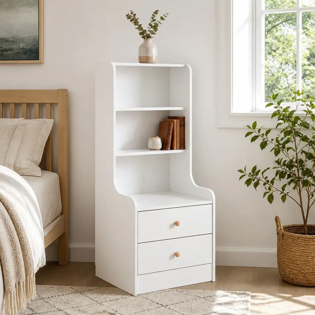 Bedside Table with Open Shelves and Drawers 114 cm Warm White