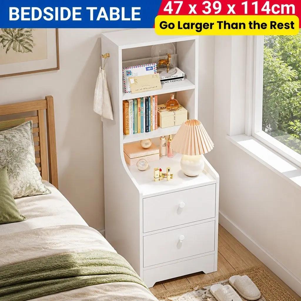 Bedside Table with Open Shelves and Drawers 114 cm Warm White