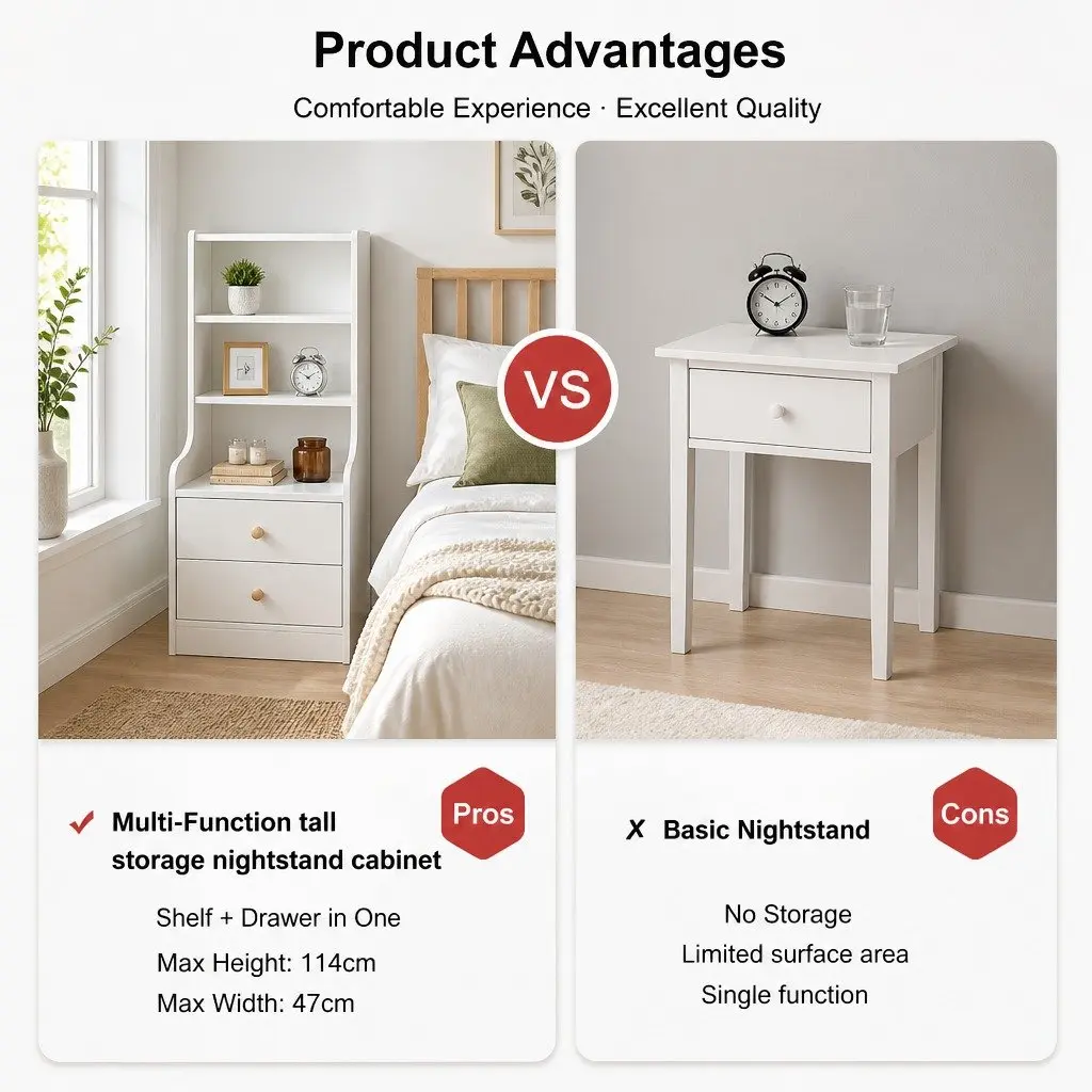 Bedside Table with Open Shelves and Drawers 114 cm Warm White
