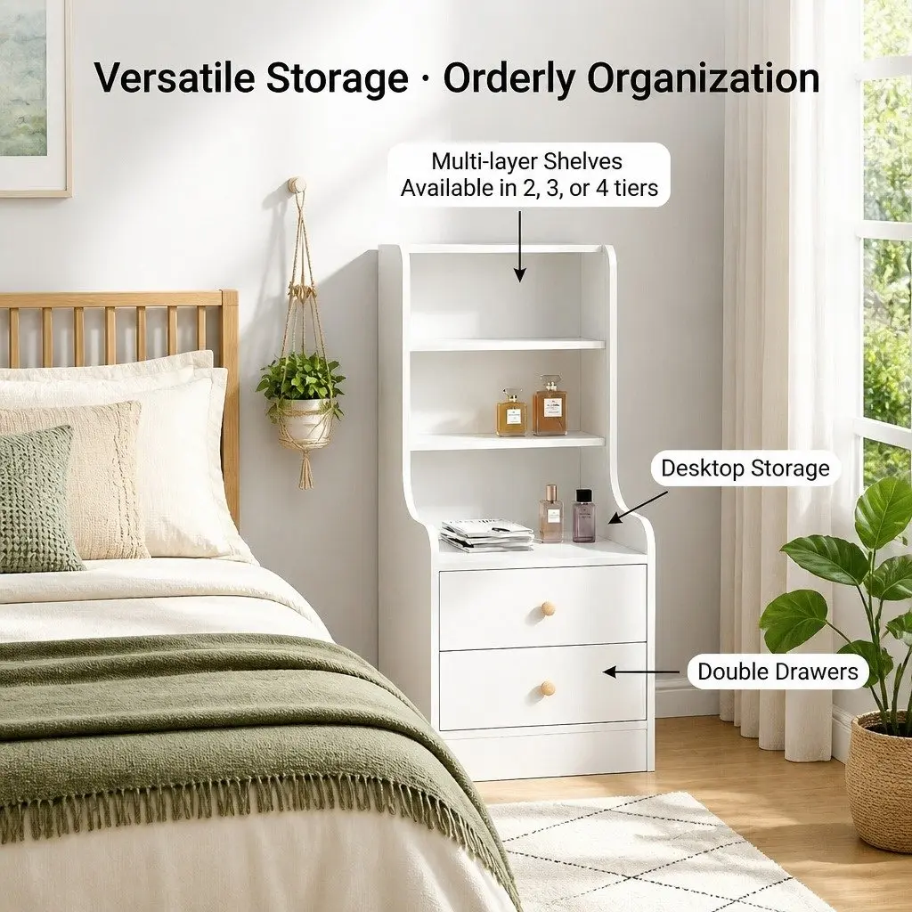 Bedside Table with Open Shelves and Drawers 114 cm Warm White
