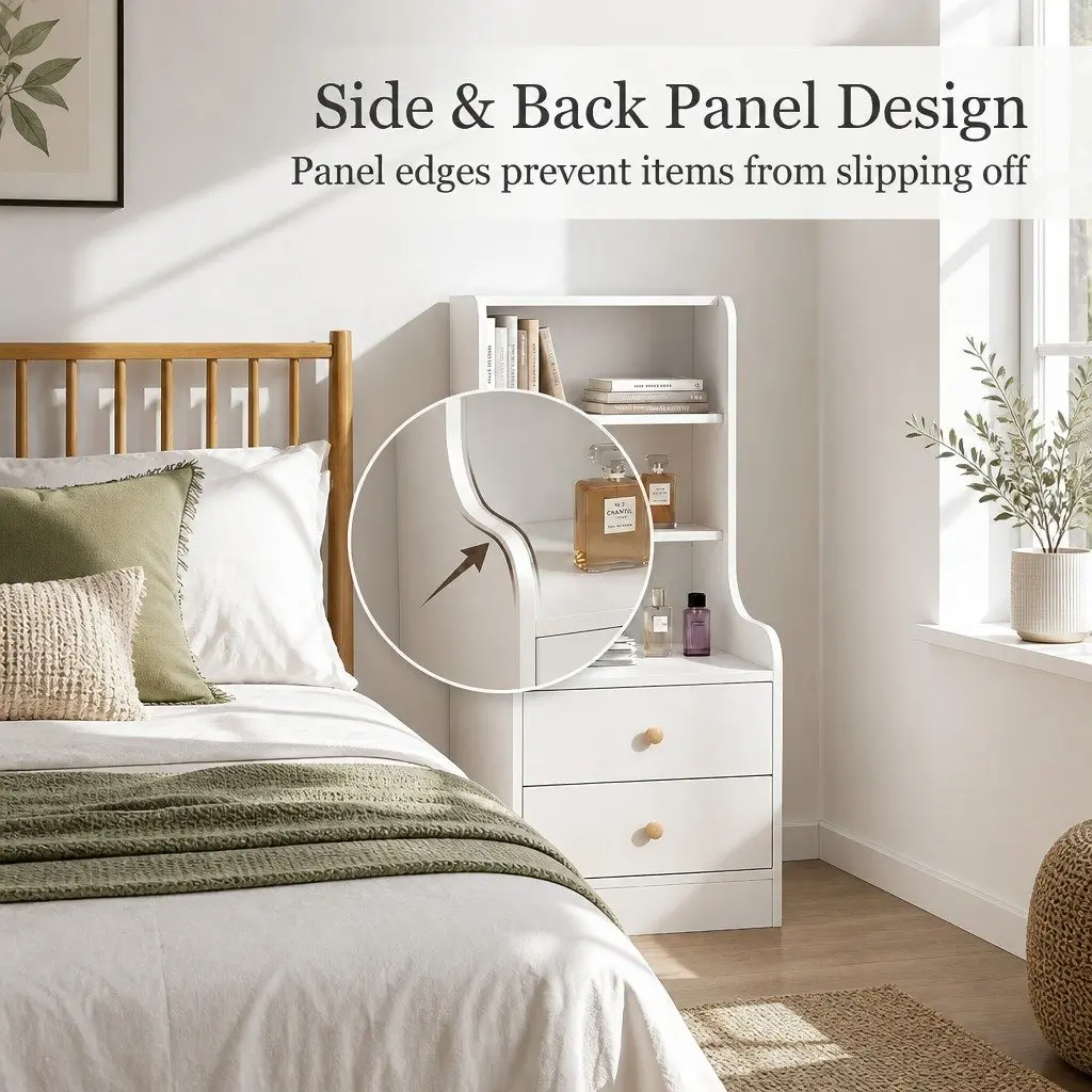 Bedside Table with Open Shelves and Drawers 114 cm Warm White