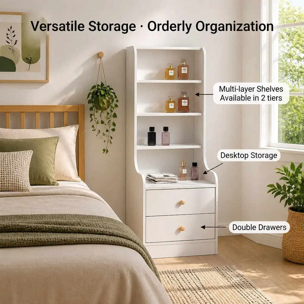 Bedside Table Nightstand with Drawers Tall Minimalist Storage Cabinet White