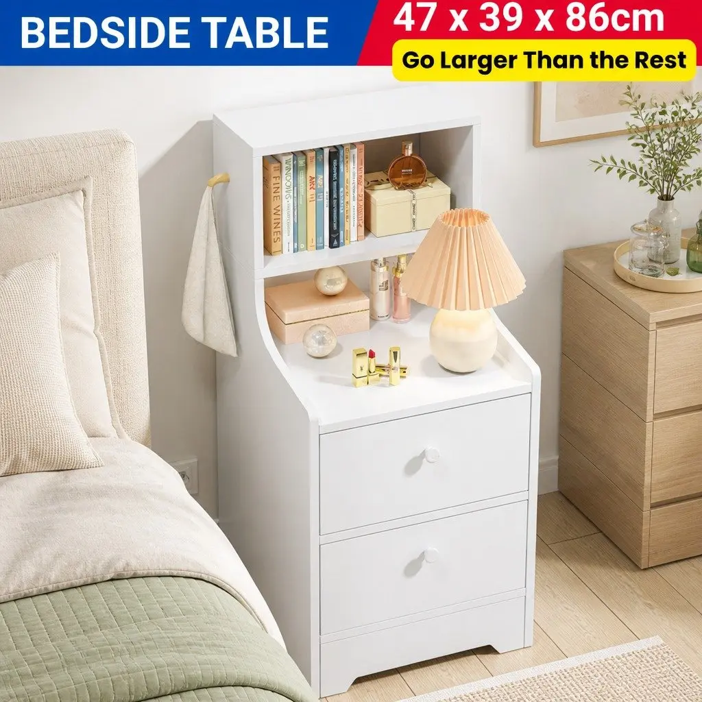 Bedside Table with 2 Drawers and 2 Open Shelves White 83x32x60cm