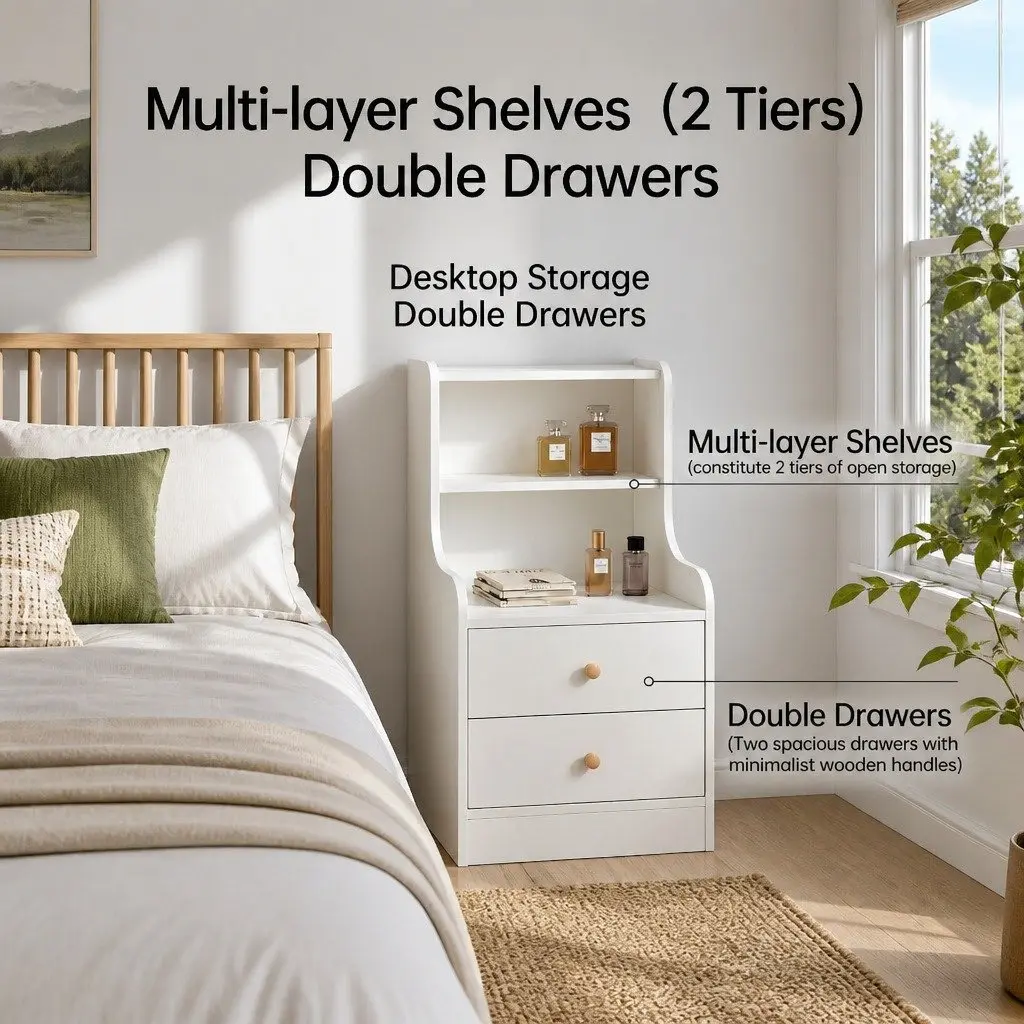 Bedside Table with 2 Drawers and 2 Open Shelves White 83x32x60cm
