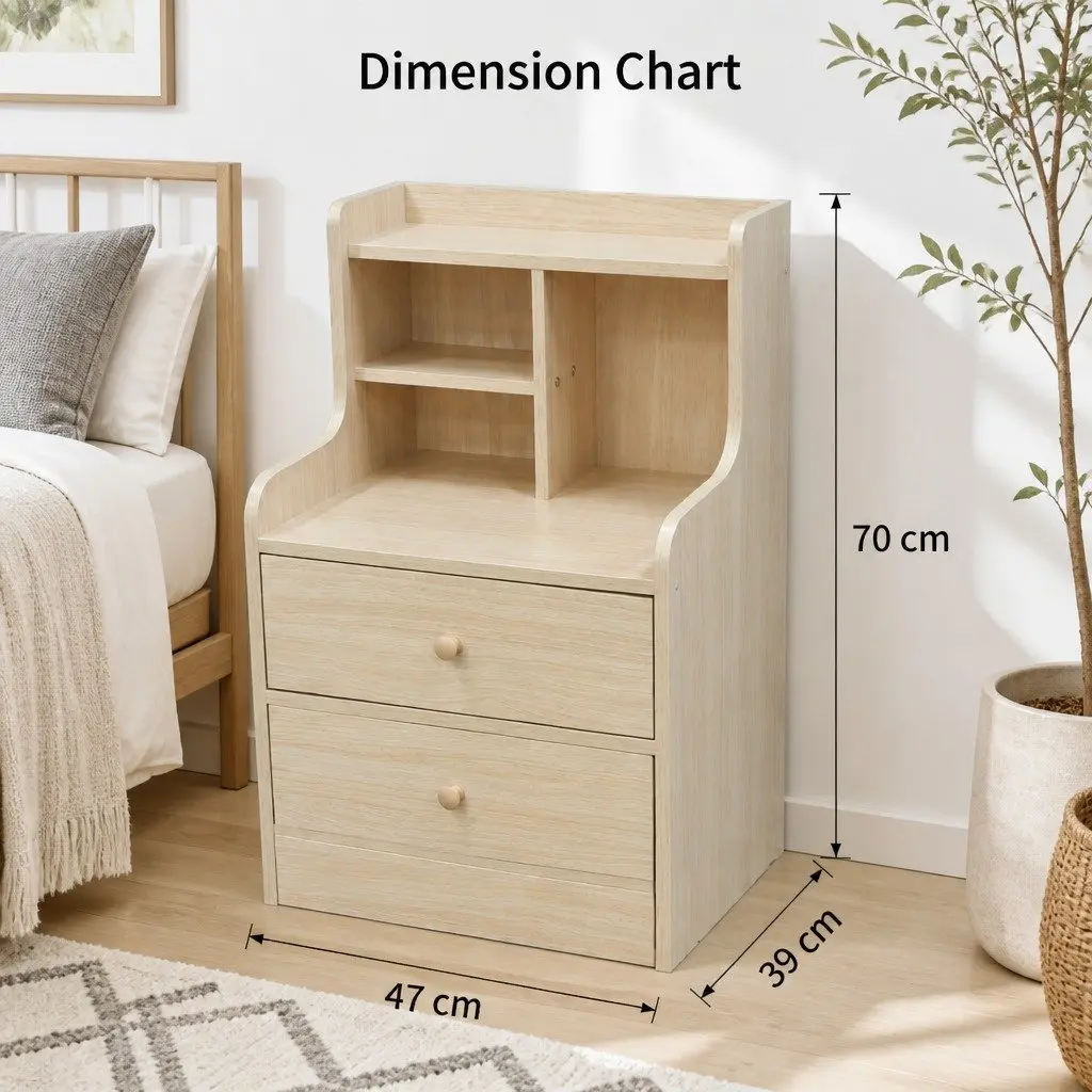 Scandinavian Bedside Table with 2 Drawers and Open Storage 67cm Light Wood