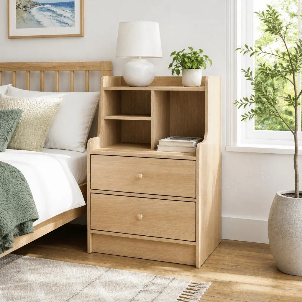 Scandinavian Bedside Table with 2 Drawers and Open Storage 67cm Light Wood