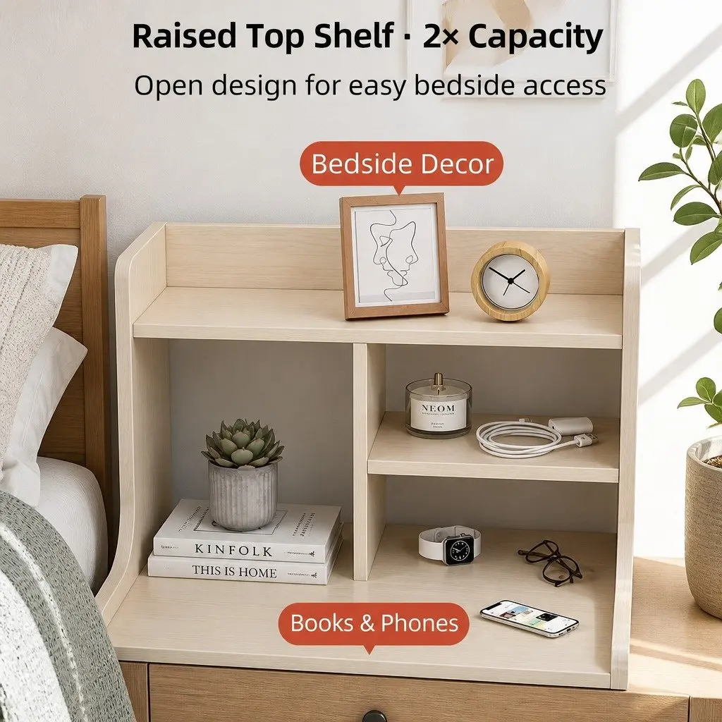 Scandinavian Bedside Table with 2 Drawers and Open Storage 67cm Light Wood