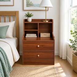Multi-Compartment Bedside Table in Reddish-Brown