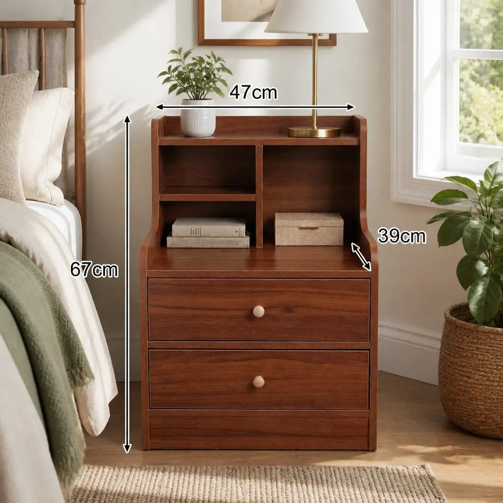 Bedside Table Vintage with 2 Drawers and Compartment 70cm Reddish-Brown Wood Grain Finish
