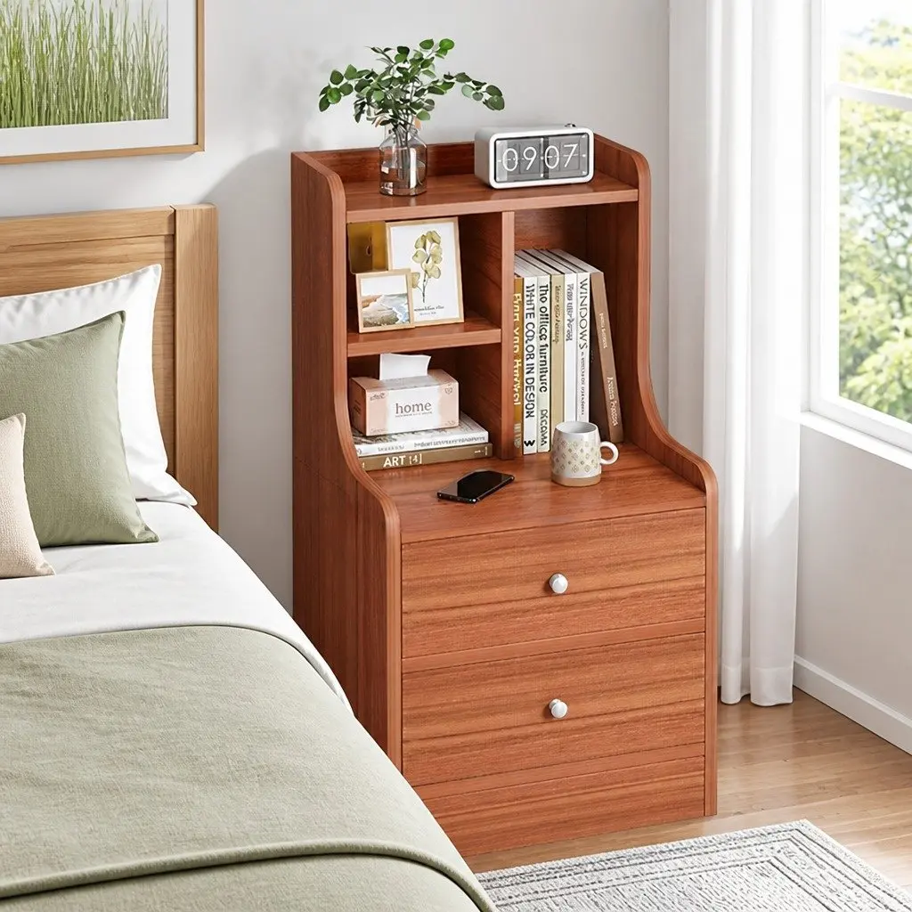 Bedside Table Vintage with 2 Drawers and Compartment 70cm Reddish-Brown Wood Grain Finish