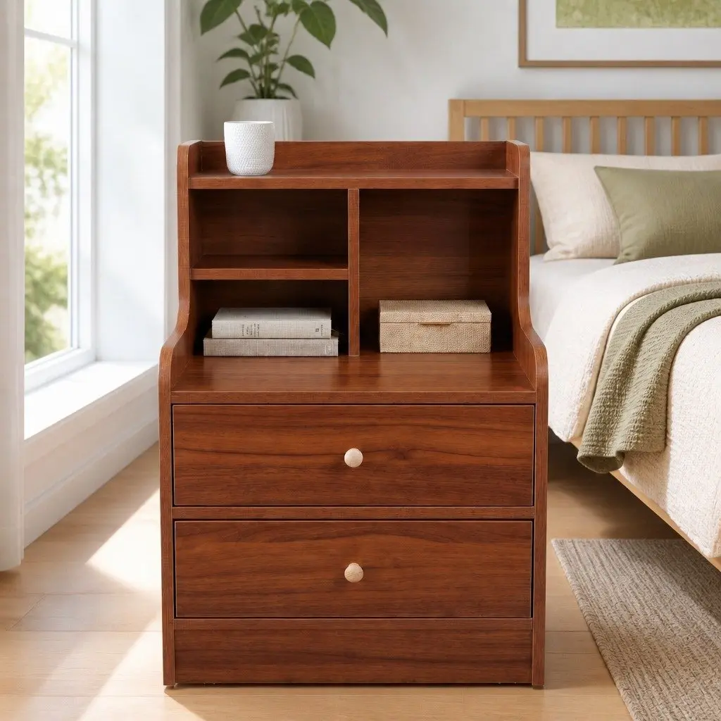 Bedside Table Vintage with 2 Drawers and Compartment 70cm Reddish-Brown Wood Grain Finish