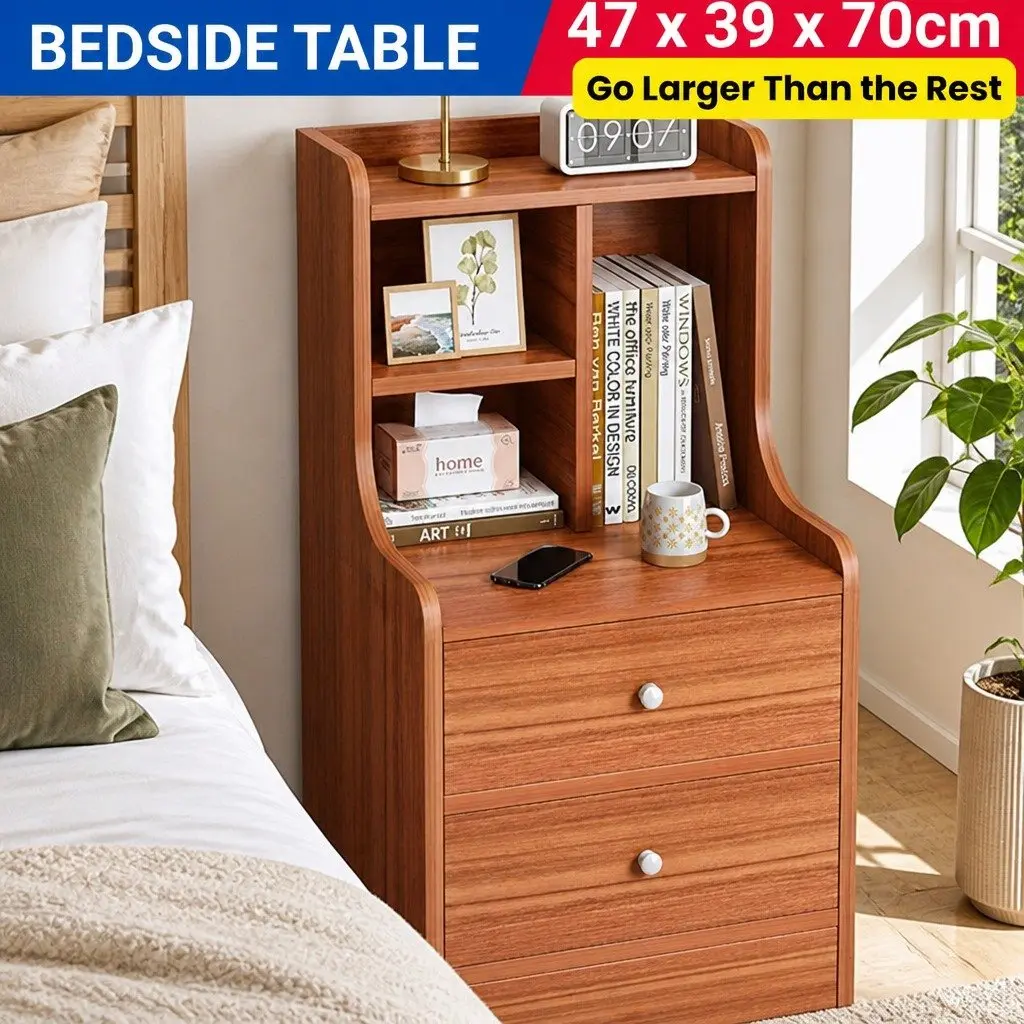 Bedside Table Vintage with 2 Drawers and Compartment 70cm Reddish-Brown Wood Grain Finish