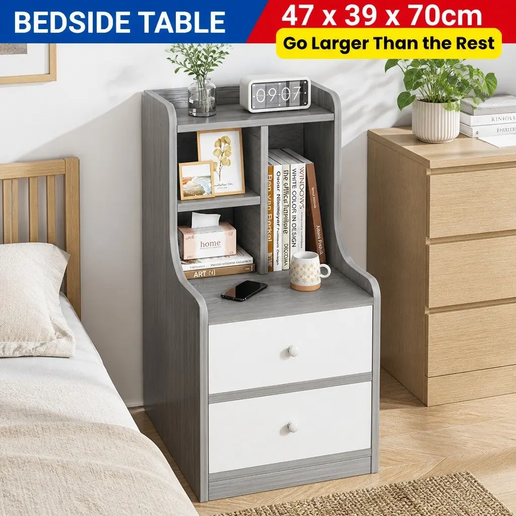 Bedside Table Nightstand Curved Design Wood Grain Light Gray White Fronts Drawer