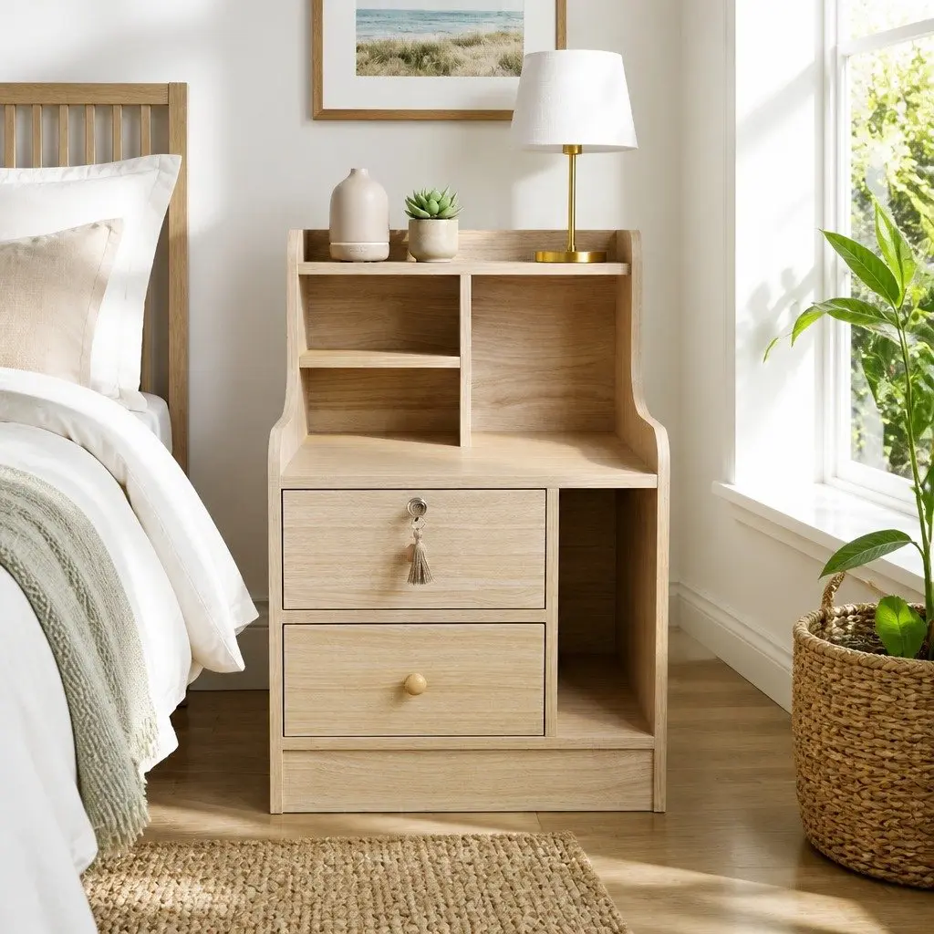 Bedside Table Natural Wood Finish 70cm with 2 Drawers and Open Shelf