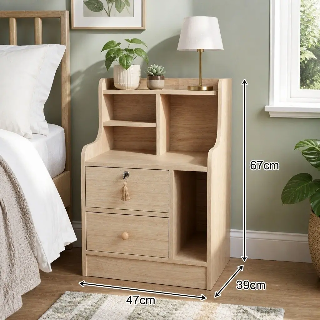 Bedside Table Natural Wood Finish 70cm with 2 Drawers and Open Shelf
