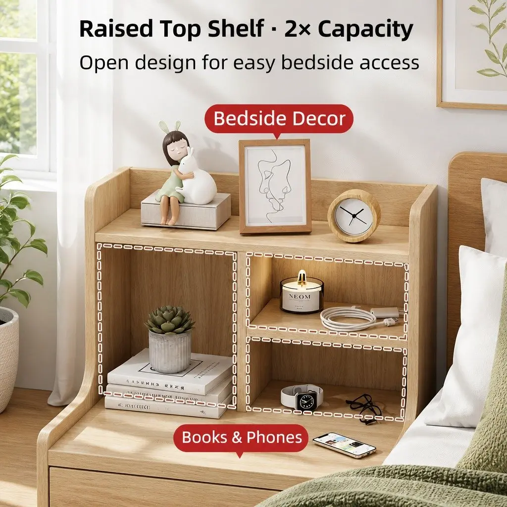 Bedside Table Natural Wood Finish 70cm with 2 Drawers and Open Shelf