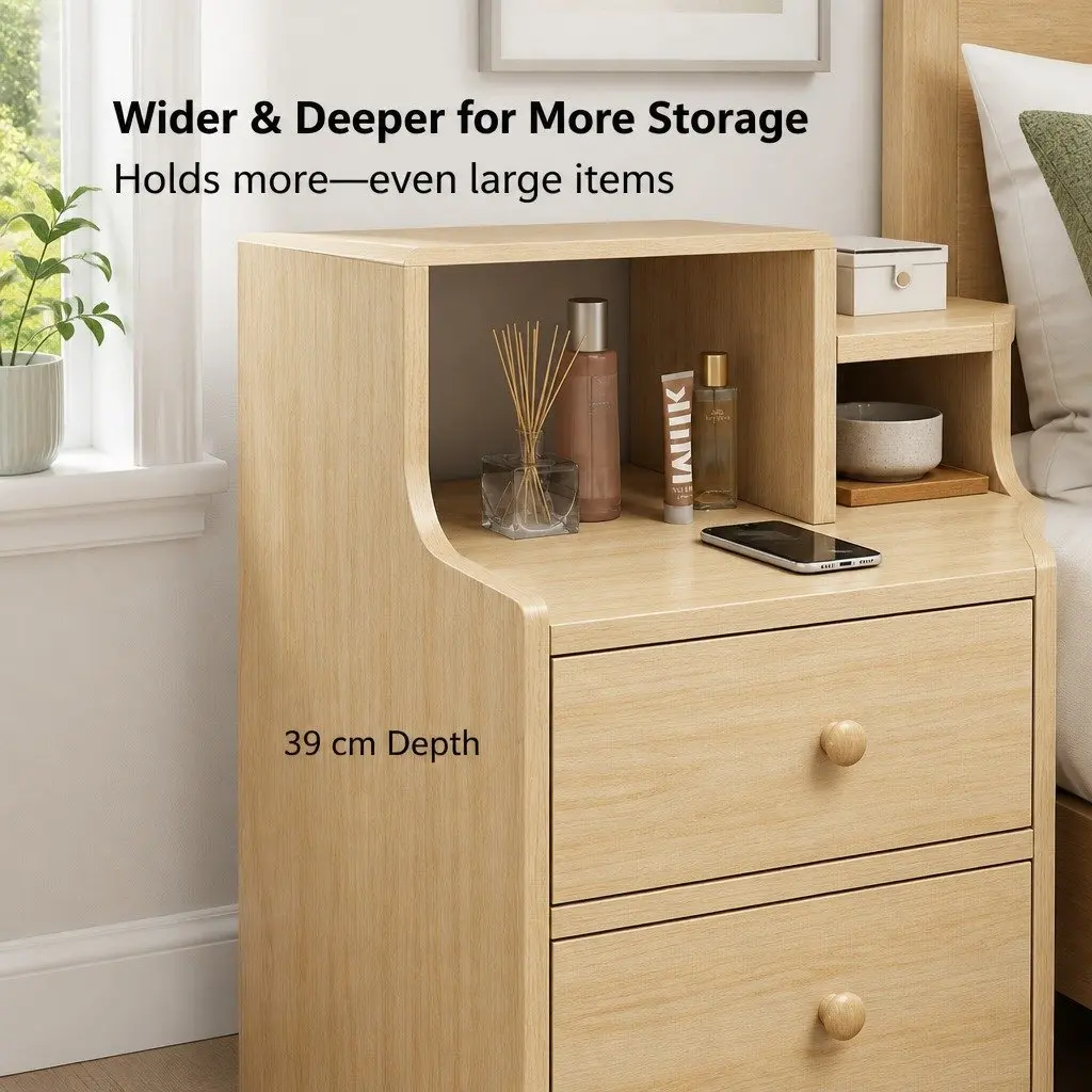 Bedside Table Natural Wood Finish 70cm with 2 Drawers and Open Shelf