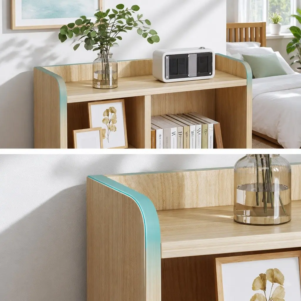 Bedside Table Natural Wood Finish 70cm with 2 Drawers and Open Shelf