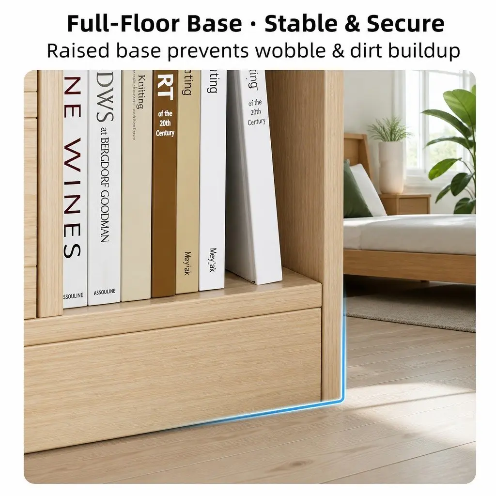 Bedside Table Natural Wood Finish 70cm with 2 Drawers and Open Shelf