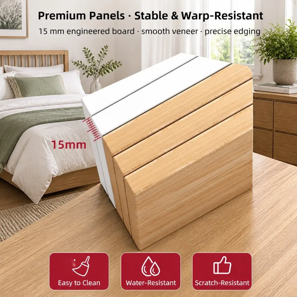 Bedside Table Natural Wood Finish 70cm with 2 Drawers and Open Shelf