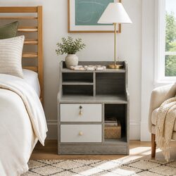 Light Gray Bedside Table with Storage and Lockable Drawer