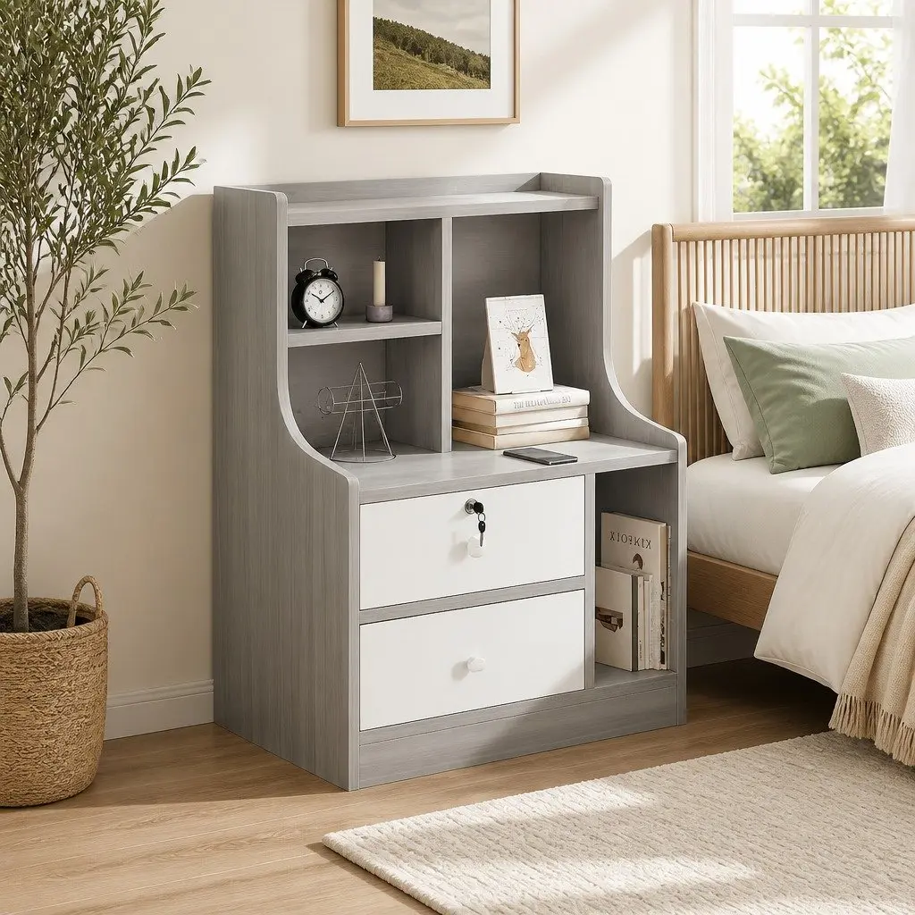 Bedside Table with Open Shelf Storage 70cm Light Gray