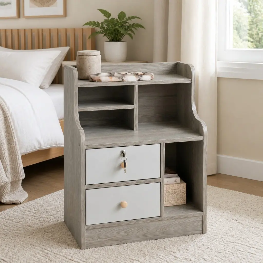Bedside Table with Open Shelf Storage 70cm Light Gray