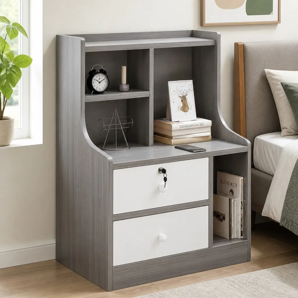 Bedside Table with Open Shelf Storage 70cm Light Gray