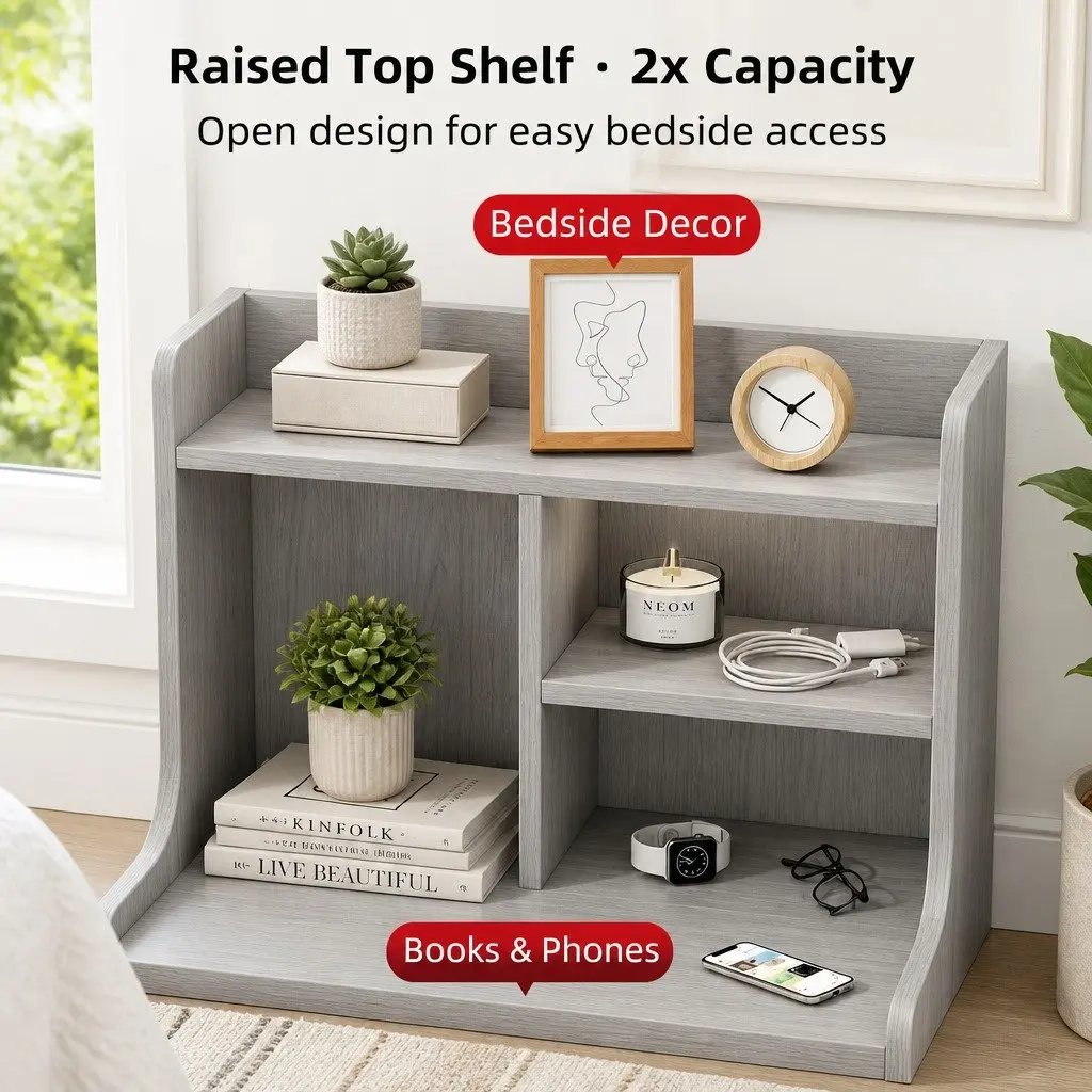 Bedside Table with Open Shelf Storage 70cm Light Gray