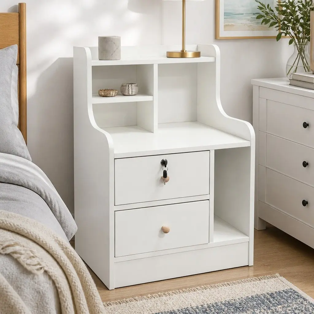 Bedside Table White Wooden Nightstand Drawer Storage Shelf Minimalist Design