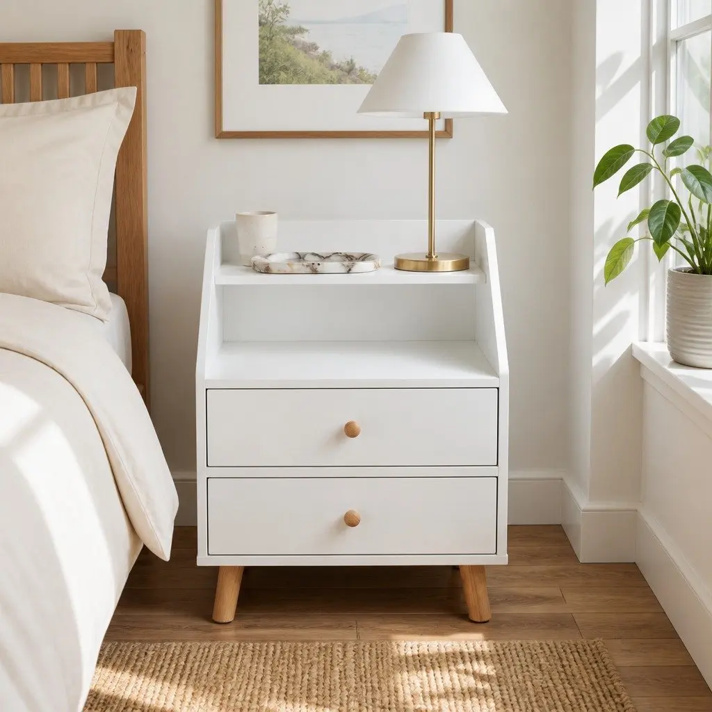 Bedside Table with Open Shelf and 2 Drawers 47 cm Warm White