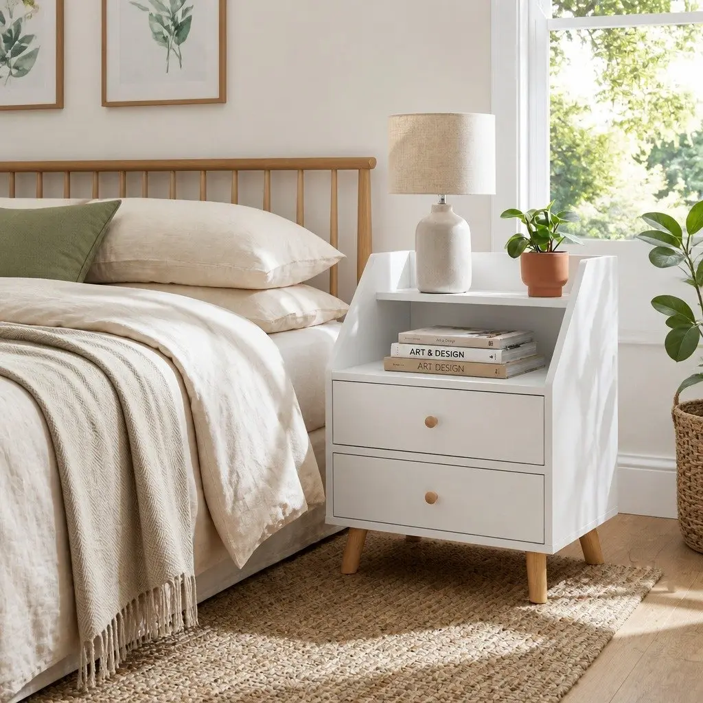 Bedside Table with Open Shelf and 2 Drawers 47 cm Warm White