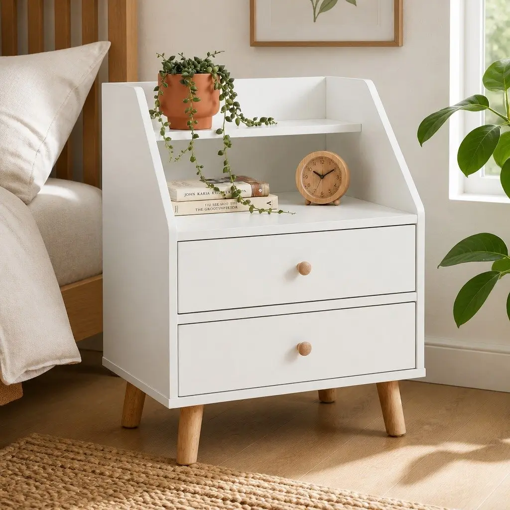 Bedside Table with Open Shelf and 2 Drawers 47 cm Warm White