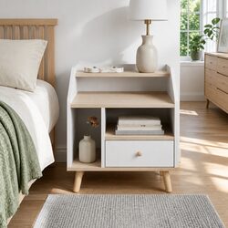 Compact White MDF Bedside Table with Drawer and Shelves