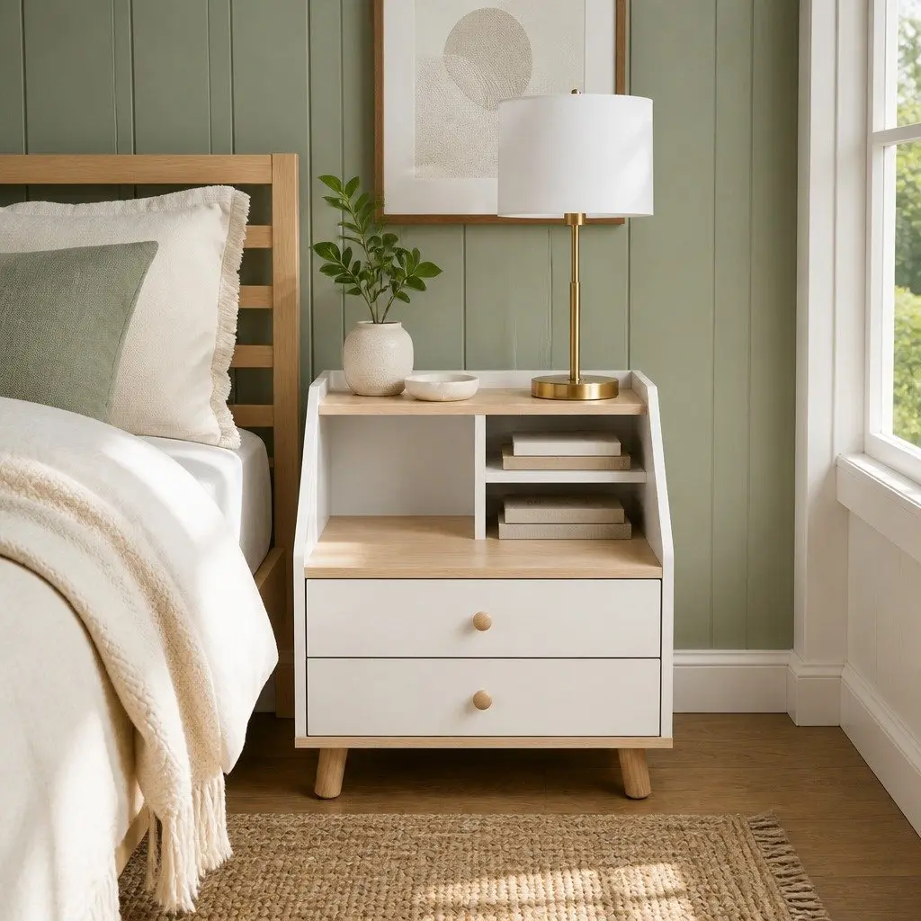 Bedside Table with Open Storage and 2 Drawers 47 cm White Wood