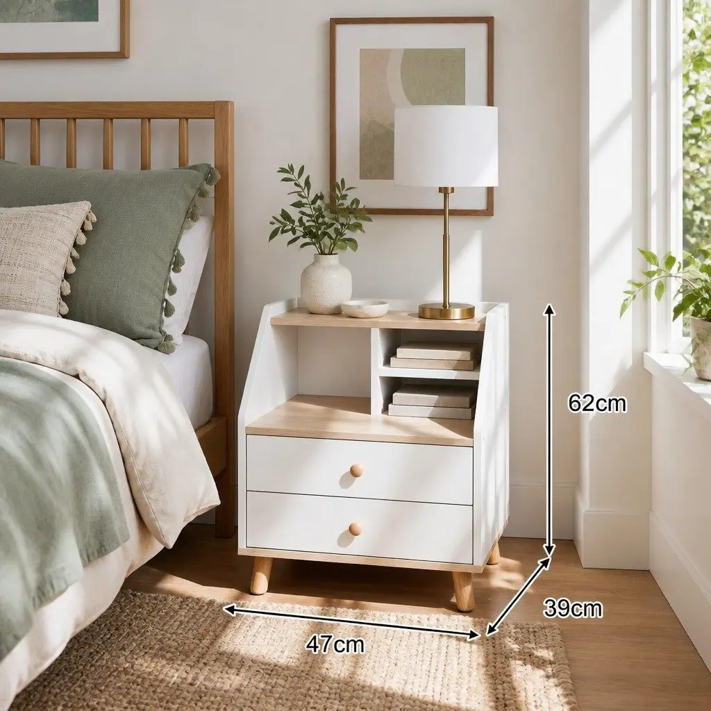 Bedside Table with Open Storage and 2 Drawers 47 cm White Wood