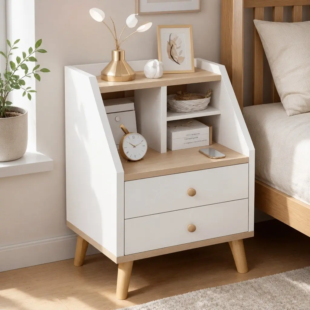 Bedside Table with Open Storage and 2 Drawers 47 cm White Wood