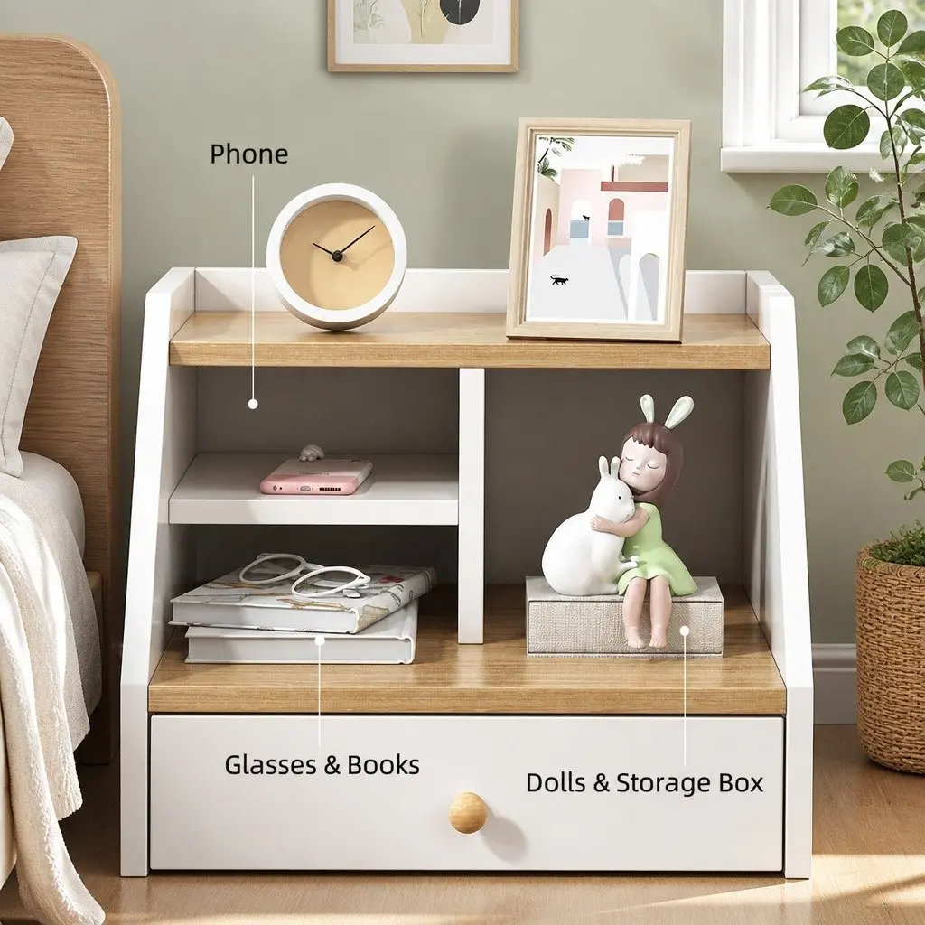 Bedside Table with Open Storage and 2 Drawers 47 cm White Wood