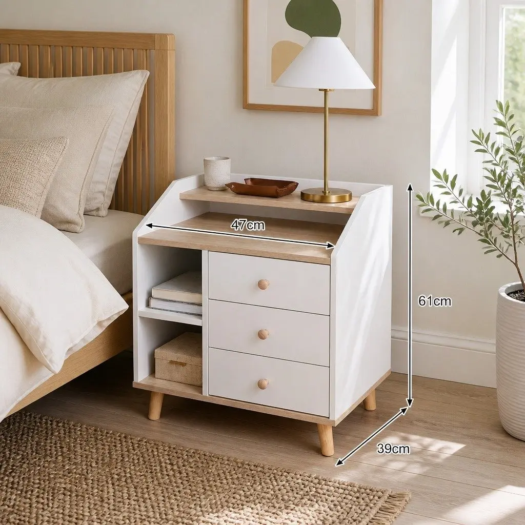 Nordic White Bedside Table with 3 Drawers and Open Tray, 67cm