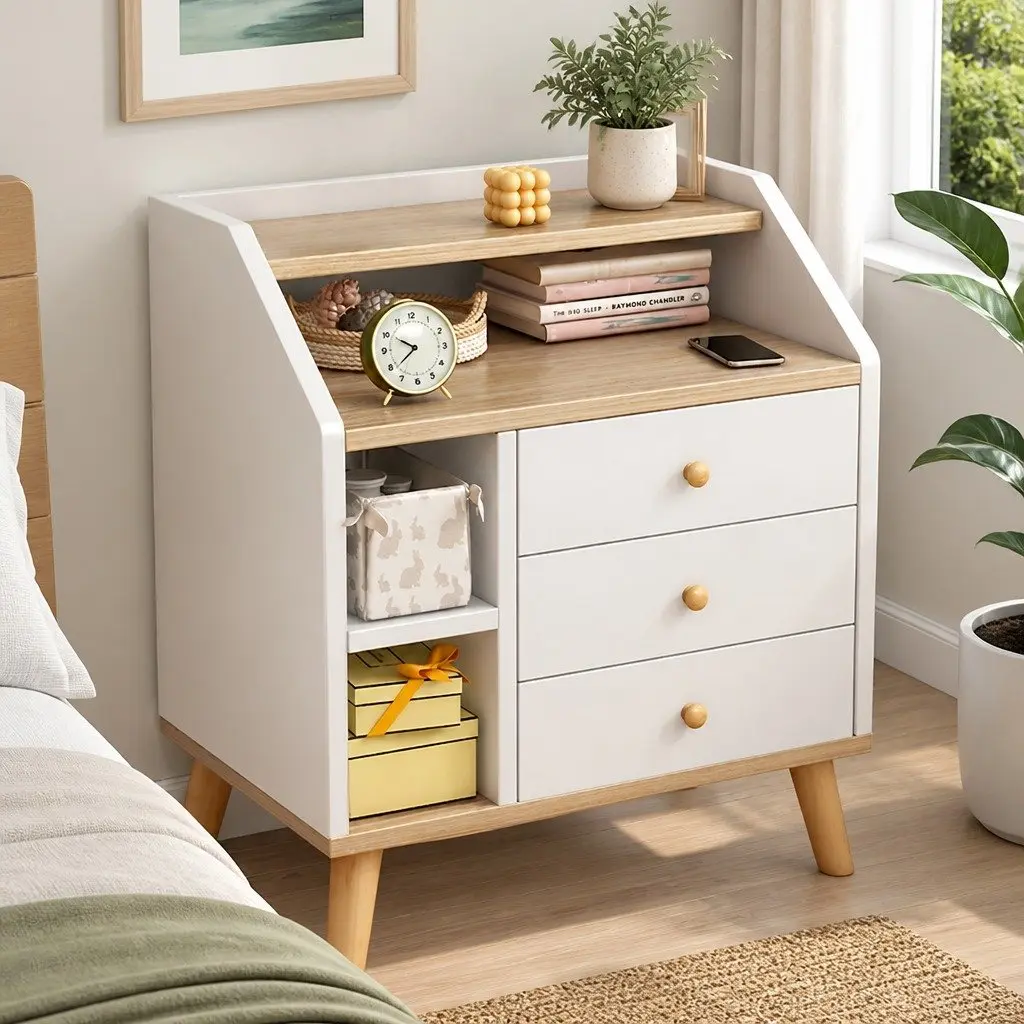 Nordic White Bedside Table with 3 Drawers and Open Tray, 67cm