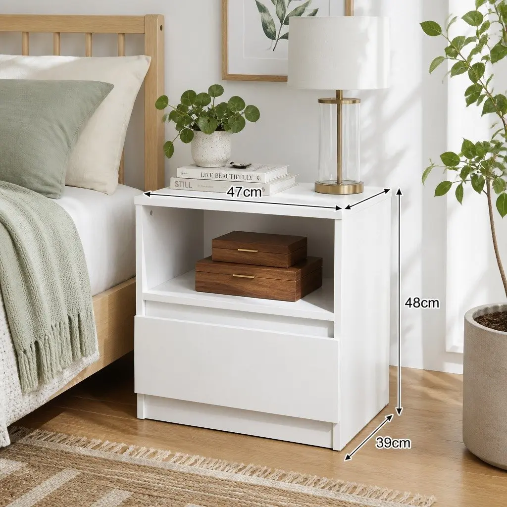 Compact Bedside Table Nightstand in Warm White with Drawer and Shelf 47cm