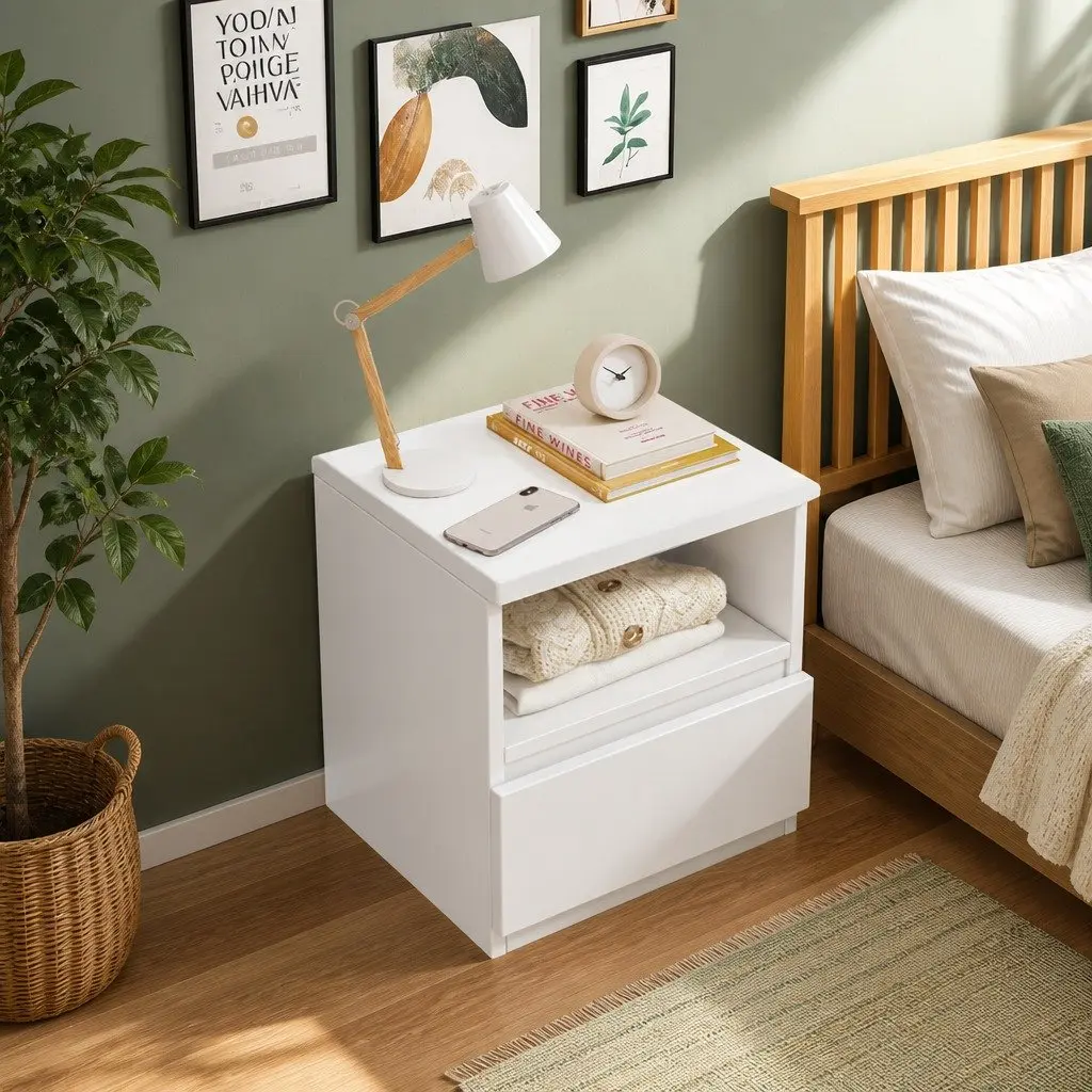 Compact Bedside Table Nightstand in Warm White with Drawer and Shelf 47cm